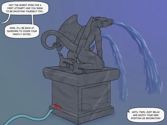 anal anal_penetration anthro claws crouching_over_dildo dialogue feet fountain genitals glistening glistening_body horn inanimate_transformation male nude nude_anthro nude_male object_in_ass object_insertion offscreen_character pedestal penetration penis petrification sculpture simple_background solo speech_bubble statue statuefication tail talons text toes transformation water water_from_mouth wings astral_kobold gargoyle absurd_res digital_media_(artwork) english_text hi_res