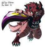 2_horns accessory anthro bisexual_pride_colors black_clothing black_shirt black_t-shirt black_topwear blue_eyes bottomless brown_markings claws clothed clothing demisexual_pride_colors digitigrade fangs flag flag_(object) fur hair head_horn holding_flag holding_object horn lgbt_pride markings nonbinary_pride_colors pin_accessory pin_button pride_color_accessory pride_color_flag pride_colors pride_pin print_clothing red_body red_fur red_hair running shirt shirt_only simple_background smile solo t-shirt tail teeth topwear topwear_only tuft white_background blitzdrachin conditional_dnp mythology remi_(yeenbitez) dragon hybrid hyena mammal mythological_creature mythological_scalie scalie striped_hyena colored digital_media_(artwork) shaded nonbinary_(lore) trans_(lore)