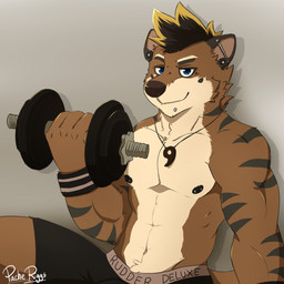abs anthro athletic beads biceps biped black_hair blue_eyes boxer_briefs brown_body brown_fur clothed clothing countershading crotch_tuft dumbbell ear_piercing exercise facial_piercing fur hair jewelry looking_at_viewer magatama male muscular muscular_anthro muscular_male navel necklace nipple_piercing nipples pecs piercing simple_background sitting smile smirk solo topless tuft underwear weightlifting weights workout pache_riggs kyo_(kiasano) canid canine canis domestic_dog hybrid mammal mustelid otter 1:1 2018 digital_media_(artwork) hi_res