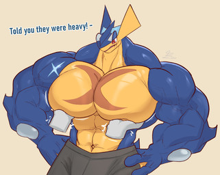 anthro big_muscles big_pecs bottomwear clothed clothing holding_pecs huge_muscles huge_pecs hyper hyper_muscles looking_down male muscular muscular_male navel pants partially_clothed pecs scar simple_background solo text trapezius unusualboo54 nintendo pokemon anon zen_(unusualboo54) amphibian frog generation_6_pokemon greninja pokemon_(species) english_text hi_res signature