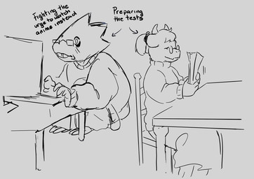 anthro barefoot bottomwear buckteeth chair clothing computer duo electronics eye_bags eyewear fangs feet female frown furniture glasses hair holding_object holding_paper horn humor long_skirt paper ponytail side_view simple_background sitting skirt smile sweater table teeth text three-quarter_view tied_hair tired topwear klare2395 undertale undertale_(series) alphys toriel boss_monster_(undertale) bovid caprine goat lizard mammal reptile scalie black_and_white english_text hi_res monochrome