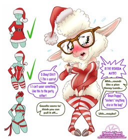 anthro blush blush_lines blushing_profusely bodily_fluids butt christmas_clothing christmas_headwear clothing digit_ring distressed eyewear fingerless_gloves fingers fur glasses gloves handwear hat headgear headwear holidays hooved_fingers hooved_toes hooves jewelry knees_buckling legwear leotard pattern_clothing pattern_legwear ring santa_hat short_tail stockings striped_clothing striped_legwear stripes sweat tail tail_tuft text thigh_highs tight_clothing tuft undersized_clothing wearing_glasses wedding_ring wool_(fur) wastedtimeee christmas disney zootopia dawn_bellwether bovid caprine mammal sheep absurd_res english_text hi_res url