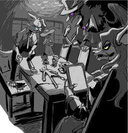 3_toes 5_fingers anthro barefoot bottomwear clothed clothed_anthro clothed_female clothed_male clothing collared_shirt detailed_background dress dress_shirt eyewear fangs feathers feet female fingers fur group hair hat headgear headwear hindpaw humanoid_hands machine male monocle multi_arm multi_limb necktie pants paws plushie shirt tablet tablet_computer teeth toes toony top_hat topwear tenebscuro five_nights_at_freddy's garten_of_banban mob_entertainment poppy_playtime scottgames smiling_critters artigiano catnap_(poppy_playtime) dollhouse_(tenebscuro) foxy_(fnaf) freddy_(fnaf) huggy_wuggy nabnab wolfscuro animate_inanimate animatronic avian bird canid canine canis corvid corvus_(genus) crow domestic_cat domestic_dog felid feline felis living_plushie mammal oscine passerine robot wolf detailed hi_res