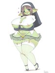 absolute_territory areola big_breasts biped blue_eyes bottomwear breasts brown_hair cleavage cleavage_cutout clothed clothing cutout eyelashes female forehead_gem garter_belt garter_straps gem green_body habit hair heart_symbol huge_breasts huge_hips huge_thighs humanoid_pointy_ears legwear miniskirt not_furry nun panties pointy_ears pubes simple_background skirt thick_thighs thigh_highs under_boob underwear white_background wide_hips yellow_clothing yellow_panties yellow_underwear fullmontis goblin full-length_portrait hi_res portrait
