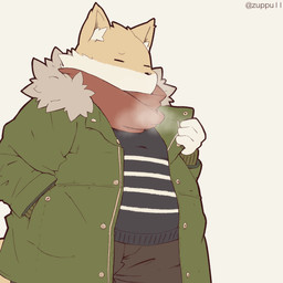 anthro bottomwear breath brown_body brown_fur cheek_tuft clothed clothing coat cold eyes_closed facial_tuft fully_clothed fur gloves handwear head_tuft humanoid_hands inner_ear_fluff kemono male overweight overweight_anthro overweight_male pants scarf simple_background solo sweater topwear tuft white_background white_body white_fur zuppu11 canid canine canis domestic_dog mammal shiba_inu spitz 1:1 2015