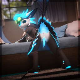 anthro anus bedroom bodily_fluids bottomless butt clothed clothing cum eyewear feathers genital_fluids genitals glowing goggles jacket leaking_cum looking_at_viewer male musk penis precum presenting raised_tail solo tail tapering_penis topwear underfluffies locoroo kodai_(locoroo) avali avian 1:1 absurd_res hi_res