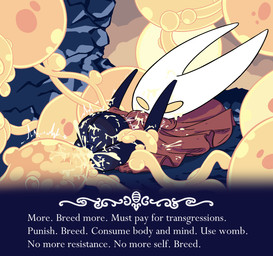 2_horns anthro belly big_belly bodily_fluids corruption cum cum_on_belly cum_on_body duo egg egg_insertion female genital_fluids horn infection text rolld6toporn hollow_knight_(franchise) team_cherry hornet_(hollow_knight) the_infection_(hollow_knight) arthropod infected_(species) insect english_text hi_res