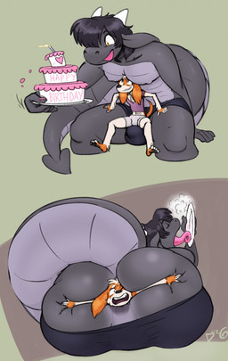 anal anal_vore anthro bulge cake candle dessert duo eyes_closed food hand_on_butt holding_cake holding_food holding_object holding_plate horn lit_candle male male_pred male_prey nipples open_mouth plate rear_view sitting_on_bulge size_difference spread_legs spreading tail text thick_tail tongue tongue_out vore white_horn durg_(artist) mythology durg pecas_(freckles) canid canine canis domestic_dog dragon mammal mythological_creature mythological_scalie scalie 2021 digital_drawing_(artwork) digital_media_(artwork) english_text hi_res sequence