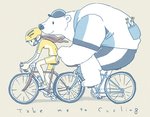 anthro armor bicycle bottomwear clothing cycling duo female fur headgear helmet male shirt shorts spandex spandex_shorts text tight_bottomwear tight_clothing tight_shorts topwear vehicle white_body white_fur fuji25_2501 fujiwarayoshito bear human mammal polar_bear ursine 2020 hi_res