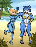 anthro beach bodily_fluids breasts clothing drooling duo female female/female flexing jewelry muscle_worship muscular muscular_female saliva seaside size_difference smile suit tattoo tribal tribal_clothing srtomgeek_(artist) metroid nintendo star_fox krystal_(star_fox) samus_aran canid canine fox human mammal absurd_res hi_res