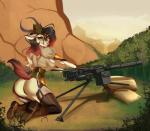 amber_eyes anthro black_hair breasts butt butt_pose clothed clothing day detailed_background eyebrows eyelashes female gun hair machine_gun no_underwear outside pose raised_tail ranged_weapon sky solo tail weapon aimi zahra_(airheart) antelope bovid mammal 2019 digital_media_(artwork)