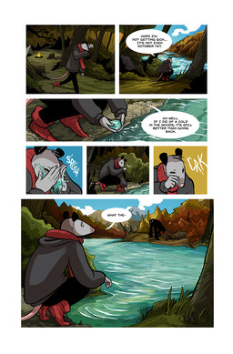 anthro backpack boots campfire camping_tent campsite clothed clothing crouching day detailed_background dialogue empty_eyes fire footwear grass hoodie kneeling male outside plant scarf shoes silhouette sky speech_bubble splash splashing_water tent text topwear water white_eyes mustachemutt american_opossum mammal marsupial virginia_opossum comic digital_media_(artwork) english_text hi_res