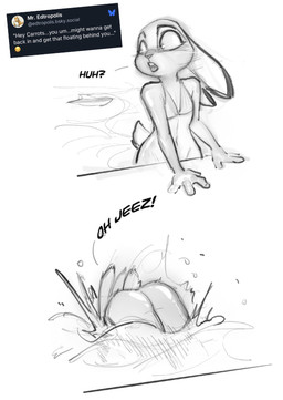 4_fingers anthro bikini bottomless butt clothed clothing diving female fingers long_ears open_mouth partially_submerged scut_tail short_tail simple_background solo swimming_pool swimwear tail text two-piece_swimsuit wardrobe_malfunction water wet white_background henshintiger disney zootopia judy_hopps lagomorph leporid mammal rabbit english_text greyscale hi_res monochrome