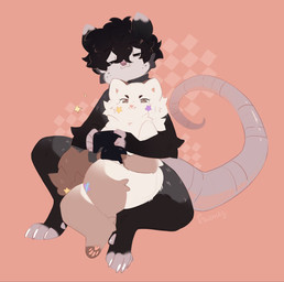 anthro black_eyebrows brown_eyes claws container duo eyebrows female hair holding_container holding_object hug long_tail male male/female nude pawpads pink_pawpads short_hair simple_background size_difference smaller_female smile tail shiones american_opossum canid canine canis domestic_dog mammal marsupial pomeranian spitz virginia_opossum colored digital_drawing_(artwork) digital_media_(artwork) flat_colors hi_res