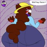 1:1 absurd_res anthro big_butt border butt clothed clothing dialogue equid female fully_clothed hair hat headgear headwear hi_res huge_butt long_ponytail looking_at_viewer mammal pancookie ponytail purple_border solo