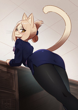 anthro black_clothing black_legwear black_pantyhose bottomwear clothing desk eyebrows eyewear female furniture glasses hair inner_ear_fluff legwear office_lady pantyhose pencil_skirt skirt solo table thick_eyebrows tied_hair tuft wearing_glasses whiskers yellow_eyes lalinowl hitoner miss_tonerico felid feline mammal hi_res