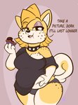 alternative_fashion anthro belly belly_overhang big_breasts breasts chubby_cheeks collar eating female fluffy fluffy_tail freckles looking_at_viewer punk slightly_chubby slightly_chubby_female solo spiked_collar spikes tail text thick_thighs 4foxsakes stacey_(4foxsakes) canid canine canis domestic_dog mammal shiba_inu spitz absurd_res english_text hi_res