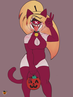 1_eye armwear big_breasts blonde_hair blush breasts cleavage cleavage_cutout clothed clothing collar condom cutout elbow_gloves fake_cat_ears fake_ears fake_tail female freckled_shoulders freckles gesture gloves hair hand_gesture handwear holidays leggings legwear leotard lube_bottle not_furry open_mouth open_smile red_armwear red_clothing red_elbow_gloves red_gloves red_handwear red_legwear red_leotard red_stockings red_thigh_highs sexual_barrier_device simple_background smile solo stockings thick_thighs thigh_highs tongue tongue_out x_pupils grishnax halloween hazbin_hotel hellaverse cherri_bomb_(hazbin_hotel) cyclops humanoid 3:4 absurd_res hi_res