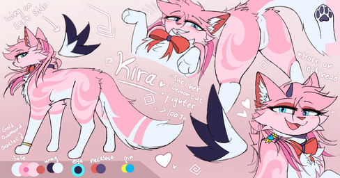 accessory blue_eyes bracelet butt description eyeliner female feral fur genitals hair half-closed_eyes horn jewelry makeup narrowed_eyes pawpads paws pink_body pink_fur presenting presenting_vulva purple_pawpads solo vulva wings ayaru_(artist) kira_(ayaru) domestic_cat felid feline felis mammal full-length_portrait model_sheet portrait