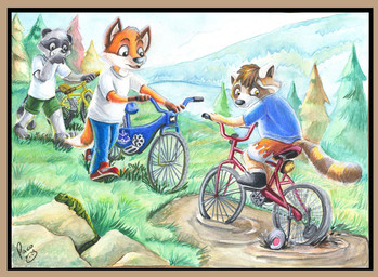 ambiguous_feral ambiguous_gender anthro bicycle blue_bottomwear blue_clothing blue_pants blue_shirt blue_t-shirt blue_topwear border bottomwear brown_border clothed clothing day facial_markings feral fur grass green_bottomwear green_clothing green_shorts grey_body grey_fur group head_markings head_tuft logo male male_anthro markings mask_(marking) mouth_closed orange_body orange_bottomwear orange_clothing orange_eyes orange_fur orange_shorts outside pants plant rock shirt shorts solo sprawling_gait striped_markings striped_tail stripes t-shirt tail tail_markings topwear tree tuft vehicle white_body white_bottomwear white_clothing white_fur white_shirt white_shorts white_t-shirt white_topwear young young_anthro young_male pandapaco art_(pandapaco) biro_(pandapaco) timothy_raccoon canid canine fox lizard mammal procyonid raccoon reptile scalie artist_logo signature