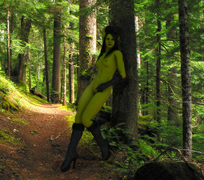black_hair blue_eyes boots breasts clothing female footwear gloves green_body green_skin hair handwear high_heeled_boots high_heels leaning looking_at_viewer nature navel nipples not_furry nude outside photo_background pig_nose raised_arm shoes solo greenstreet hethra humanoid orc 3d_(artwork) digital_media_(artwork) photography_(artwork)