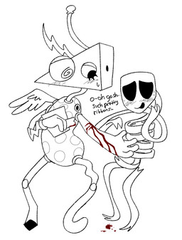 ambiguous_gender animal_genitalia blood blood_drip blush bodily_fluids cutting_self dialogue dripping duo erection female genitals mask pseudo-penis razor_blade self-harm sweat chimeracocks glitch_productions the_amazing_digital_circus gangle_(tadc) zooble_(tadc) animate_inanimate humanoid living_mask living_toy