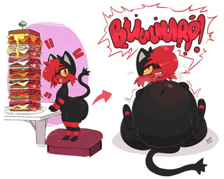 belly big_belly black_body butt female food overweight sandwich_(food) solo text yellow_sclera dwps nintendo pokemon generation_7_pokemon litten pokemon_(species) 2025 hi_res