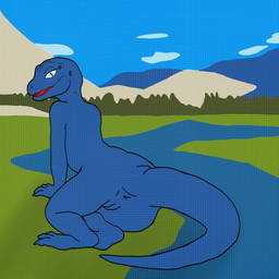 anthro anus blue_body blue_eyes cloud female genitals grass mountain open_mouth plant river sitting solo tree vulva 0x0001 lizard reptile scalie 1:1 absurd_res flat_colors hi_res