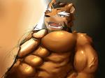 abs anthro athletic bengal_tiger biceps big_muscles big_penis black_body black_fur black_nose blue_eyes blush brown_body brown_fur countershading disney duo erection fangs felid fur genitals human human_on_anthro humanoid_genitalia humanoid_penis interspecies lying male male/male mammal manly markings muscular muscular_male nude on_back open_mouth pantherine pecjob pecs penis pose sex shere_khan size_difference standing stripes talespin teeth tiger tongue vein zoharwolf