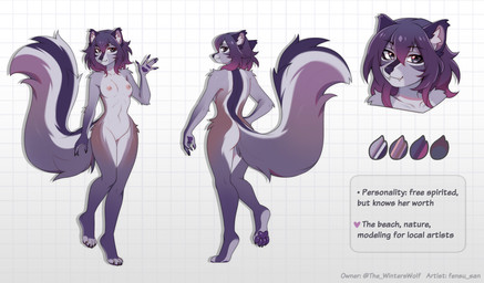 4_toes 5_fingers anthro areola bangs biped breasts butt feet female female_anthro fingers front_view fur genitals hair looking_at_viewer navel nipples nude nude_anthro nude_female rear_view short_hair small_breasts solo tail tasteful_nudity text toes vulva fensu-san mammal mephitid skunk digital_drawing_(artwork) digital_media_(artwork) english_text full-length_portrait hi_res model_sheet portrait shaded simple_shading