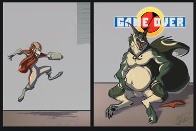 anthro belly big_belly fur game_over_screen green_body green_fur male male_pred tan_body tan_fur vore white_body white_fur borochi mammal