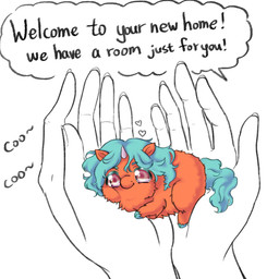 1_horn 5_fingers ambiguous_gender ambiguous_human blue_hair blue_hooves blue_tail closed_smile dialogue duo female female_feral feral fingers fur hair heart_symbol hooves horn mouth_closed orange_body orange_fur red_eyes size_difference smile solo_focus tail text white_horn young young_female young_feral yellowcottoncandy030 fluffy_pony fluffy_pony_(species) human mammal 1:1 2025 digital_media_(artwork) english_text hi_res partially_colored