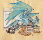 2015 ambiguous_gender blue_body blue_scales candy chocolate chocolate_chips cookie dessert dragon duo european_mythology feral food glass heather_bruton horn licking licking_lips membrane_(anatomy) membranous_wings milk mythological_creature mythological_scalie mythology scales scalie self_lick simple_background tail tan_background teeth tongue tongue_out western_dragon wings