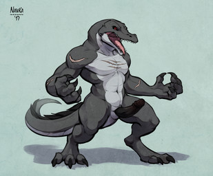 3_toes 4_fingers animal_genitalia anthro biceps biped black_body black_claws black_penis black_scales black_sclera claws collarbone countershading digitigrade erection feet fingers genital_slit genitals glans humanoid_genitalia humanoid_penis hybrid_genitalia hybrid_penis male muscular muscular_anthro muscular_male navel nipples nude pecs penis red_eyes scales scar sharp_teeth simple_background solo standing tail teeth thick_tongue toe_claws toes tongue triceps white_body white_scales nawka crocodilian reptile scalie 2017 character_request digital_media_(artwork) hi_res signature