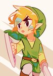 belt blonde_hair clothing hair hat headgear headwear humanoid_pointy_ears light_body light_skin male melee_weapon not_furry open_mouth pointy_ears shield shirt simple_background solo sword topwear tunic weapon tokuura nintendo the_legend_of_zelda wind_waker toon_link humanoid hylian hi_res