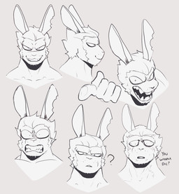 angry anthro biped clothed clothing hair looking_at_viewer male multiple_poses muscular muscular_anthro muscular_male notched_ear open_mouth pose question_mark short_hair skimpy smile solo tail text peculiart bun_bash jack_(peculiart) hare lagomorph leporid mammal rabbit 2024 absurd_res digital_media_(artwork) english_text hi_res monochrome sepia