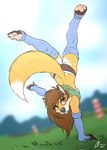 anthro balancing_on_one_hand blue_clothing blue_footwear blue_socks breasts butt cartwheel clothing female footwear freckled_butt freckles happy pawpads poem_in_description side_boob socks solo wardrobe_malfunction aistarin jodi_(aistarin) canid canine fox mammal hi_res