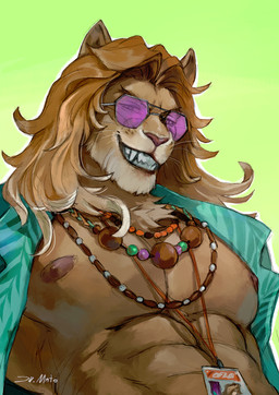 abs anthro areola biped clothed clothed_anthro clothed_male clothing eyewear front_view fur glasses hair looking_at_viewer male nipples simple_background smile solo teeth juliathedragoncat epic_games fortnite kingston_(fortnite) felid lion mammal pantherine 2025 digital_drawing_(artwork) digital_media_(artwork) hi_res