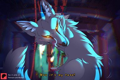 2_tails anthro asian_clothing blurred_background clothing dialogue east_asian_clothing fur glowing glowing_eyes japanese_clothing kimono licking licking_lips looking_at_viewer male male/male multi_tail red_rope red_ropes restraints rope smile solo tail teeth temple tongue tongue_out traditional_clothes white_body white_fur aennor bai_se_(aennor) canid canine demon fox mammal 3:2 absurd_res hi_res