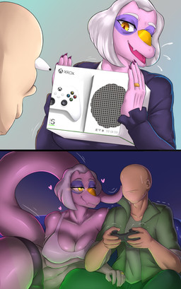 5_fingers abstract_background anthro bald big_breasts big_tail black_bottomwear black_clothing black_hotpants black_shorts bodily_fluids bottomwear brand_parody breasts bulging_eyes claws cleavage clothed clothing crop_top curvy_figure denim denim_bottomwear denim_clothing digit_ring duo elderly elderly_anthro elderly_female eyelashes female finger_claws fingers gaming glistening glistening_body glistening_scales green_clothing green_jacket green_topwear grey_hair hair heart_symbol hotpants huge_thighs human_on_anthro imminent_sex interspecies jacket jeans jewelry light-skinned_male light_body light_skin long_tail male male/female mature_anthro mature_female motion_lines navel off_shoulder open_mouth open_smile pants pink_body pink_scales playing_video_game ring sagging_breasts scales seductive shirt short_hair shorts skimpy smile snout sweat sweatdrop tail thick_thighs topwear voluptuous voluptuous_anthro voluptuous_female wedding_ring white_clothing white_crop_top white_topwear wide_hipped_anthro wide_hipped_female wide_hips yellow_eyes frederickjdr cavemanon_studios goodbye_volcano_high ko_op_(game_developer) microsoft snoot_game xbox xbox_game_studios xbox_series_s xbox_series_x/s anon_(snoot_game) mrs._roberts_(gvh) ceratosaurid ceratosaurus dinosaur human mammal prehistoric_species reptile saurischian scalie theropod 2025 absurd_res comic digital_drawing_(artwork) digital_media_(artwork) hi_res