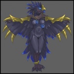 anthro beak biped black_border blue_eyes border breasts claws feathered_wings feathers feet female front_view glowing glowing_eyes legband looking_at_viewer navel nipples non-mammal_breasts non-mammal_nipples nude solo standing talons thigh_gap toe_claws toes winged_arms wings pira blizzard_entertainment warcraft anzu_the_raven_god avian bird 1:1 2013 hi_res