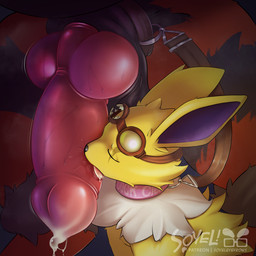 bodily_fluids duo fellatio feral genital_fluids genital_leash genitals knot knotted_penis leash licking male male/male oral penile penis penis_leash penis_lick precum sex tongue soyeleyevrows nintendo pokemon arcanine eeveelution generation_1_pokemon jolteon pokemon_(species) hi_res