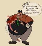 anthro belly belly_grab belly_kiss big_belly black_body black_fur bulge clothing dialogue duo female fur gloves handwear heart_symbol huge_belly husband_and_wife kiss_mark laugh male male/female married_couple obese obese_male overweight overweight_male skinny_female text cupcake_(artist) disney goof_troop peg_pete pete_(disney) domestic_cat felid feline felis mammal 2023 english_text hi_res