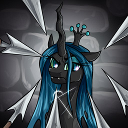 black_body black_horn crown female feral glistening_metal green_hair hair headgear horn long_hair melee_weapon polearm solo spear stone_wall wall_(structure) weapon not-ordinary-pony friendship_is_magic hasbro knife_cat my_little_pony queen_chrysalis_(mlp) arthropod changeling_(mlp) 1:1 meme