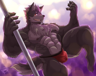 abs anthro biceps bulge claws clothing fur hair looking_at_viewer male muscular muscular_anthro muscular_male nipples pole smile solo standing stripper stripper_pole underwear naruever canid canine canis mammal wolf 2019