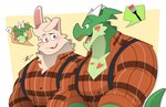 anthro chest_tuft clothed clothing dialogue_box duo green_body male muscular muscular_anthro muscular_male open_clothing open_shirt open_topwear paint paint_on_self pecs red_paint shirt topwear tuft hikazedragon mythology undertale_(series) rg01_(undertale) rg02_(undertale) dragon lagomorph leporid mammal mythological_creature mythological_scalie rabbit scalie hi_res