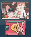 anthro bodily_fluids carrot crane_game food fur male navel pink_body pink_fur plant solo sweat text vegetable yatosuke nintendo nintendo_badge_arcade arcade_bunny lagomorph leporid mammal rabbit japanese_text