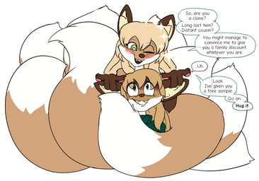anthro brown_body brown_fur clothing dipstick_tail duo female female/female female_anthro fur gloves_(marking) green_clothing green_eyes hair leg_markings looking_at_another looking_down looking_up markings multi_tail simple_background socks_(marking) tail tail_markings text white_body white_fur conditional_dnp unknown_artist averi_(fiddleafox) canid canine fox mammal red_fox true_fox character_request english_text