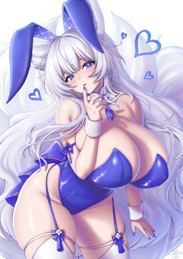 big_breasts blue_clothing blue_eyes blue_leotard blush breasts bunny_costume clothing costume eyebrow_through_hair eyebrows eyelashes fake_ears fake_rabbit_ears female garter_straps glistening glistening_body glistening_skin hair heart_symbol huge_breasts inner_ear_fluff legband legwear leotard multi_tail nipple_outline shirt_collar shirt_cuffs solo stockings tail thick_thighs thighband translucent translucent_hair tuft white_hair wide_hips sevie azur_lane shinano_(azur_lane) animal_humanoid canid canid_humanoid canine canine_humanoid fox_humanoid humanoid mammal mammal_humanoid 2026 hi_res