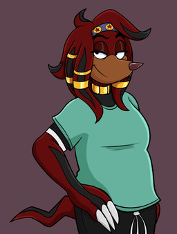 4_fingers accessory anthro bent_arm black_bottomwear black_clothing black_eyebrows black_hair black_pants black_tail blue_headband bottomwear breasts brown_nose choker claws closed_smile clothed clothed_anthro clothed_female clothing eyebrows eyelashes female female_anthro finger_claws fingers fully_clothed fully_clothed_anthro fully_clothed_female gold_(metal) gold_choker gold_hair_ring gold_jewelry gold_necklace hair half-closed_eyes hand_on_hip hand_on_own_hip headband jewelry light medium_hair mouth_closed multicolored_hair narrowed_eyes necklace pants purple_eyes red_background red_hair red_tail shirt simple_background smile solo standing t-shirt tail tan_body tan_skin teal_clothing teal_shirt teal_t-shirt teal_topwear topwear two_tone_hair two_tone_tail white_claws beastofeuthanasia sega sonic_the_hedgehog_(series) fan_character talus_(the-crazy-echidna-lady) echidna mammal monotreme 2025 colored digital_drawing_(artwork) digital_media_(artwork) half-length_portrait hi_res lighting portrait shaded